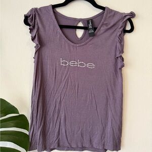 bebe Purple Crystal Logo Ruffle Sleeve Tee